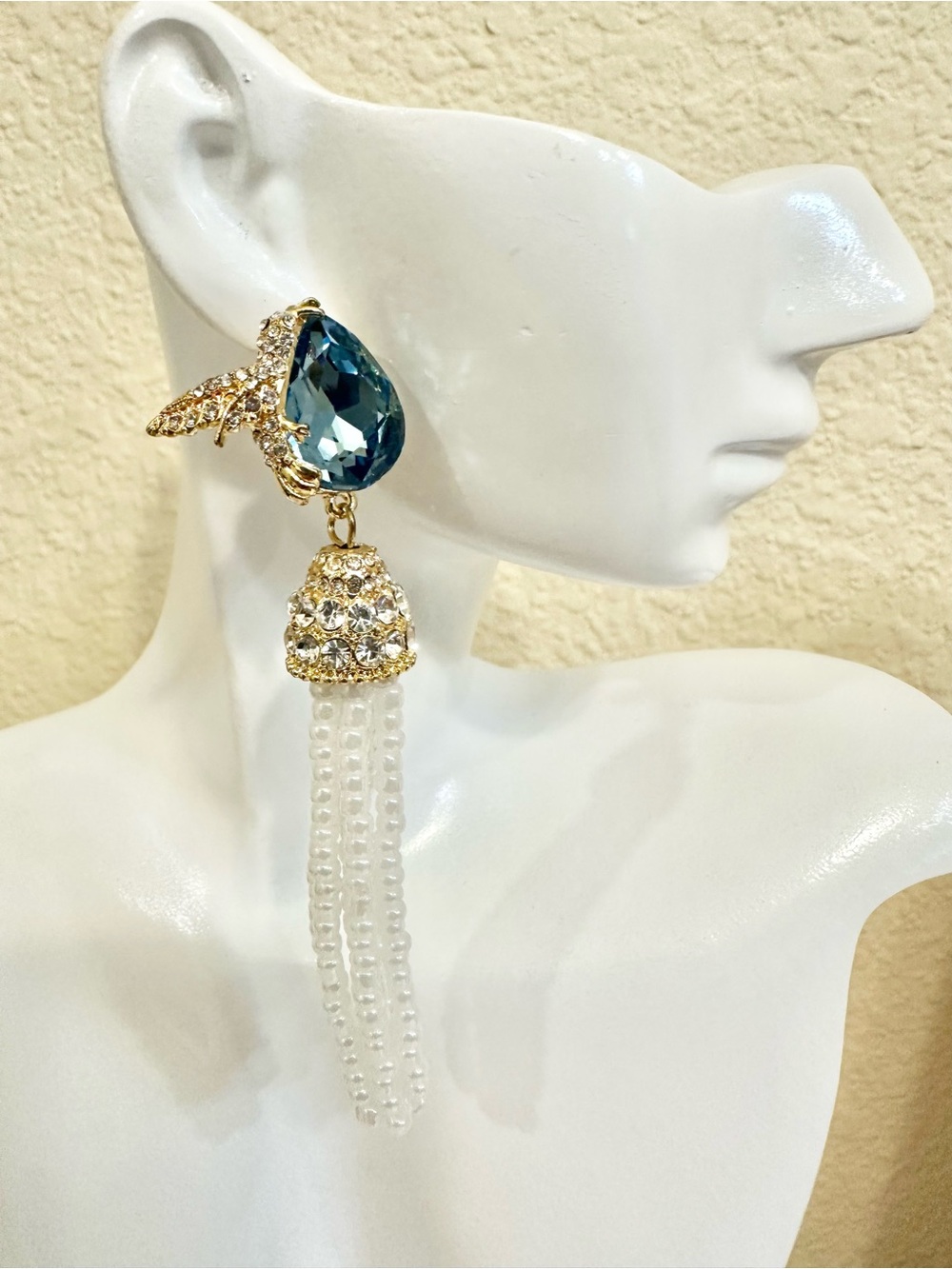 14k Gold-Plated Blue Teardrop & White Glass Tassel Bead Earrings
